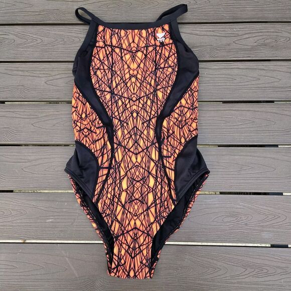 TYR Women Orange/black Diamondfit One-Piece Swimsuit Size 34 New Sample - Picture 1 of 3
